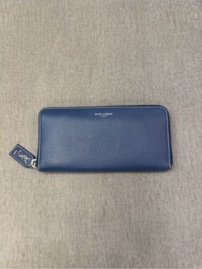 Saint Laurent Blue Pebbled Leather Zip Wallet with YSL Tag
